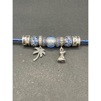 Ladies Blue Braided Leather Sterling Silver Charm Bracelet
