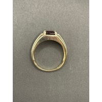 Mens 10ct Yellow Gold Red Gemstone and Diamonds Ring