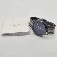 Fossil BQ2463 Mens Analog Watch 44mm Blue Dial Stainless Steel Mesh Bracelet