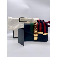 Gucci Sylvie Mini Chain Shoulder Bag Calfskin Leather Black with COA