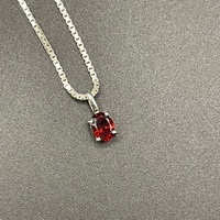 Ladies 925 Sterling Silver Box Link & Red Gemstone Necklace