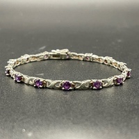 Ladies 925 Sterling Silver Fancy Link Purple Gemstone Bracelet