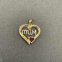 Ladies 9ct Yellow Gold Red Gemstone MUM Heart Pendant