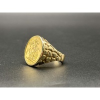 Mens 22ct Yellow Gold Round Sovereign Coin Set In 9ct Ring