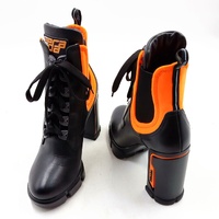 PRADA Runway Leather Neoprene Ankle Boots Black Orange Lace Up EU 37.5 Block Heel