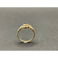 Ladies 9ct Yellow Gold Red Gemstone and Diamonds Ring