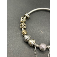 Ladies Mixed 925 Sterling Silver and 9 Carat Gold Round Bangle And Charms