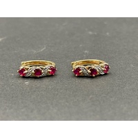 Ladies 9ct Yellow Gold Red Gemstone Huggie Hoop Earrings