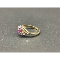 Ladies 9ct Yellow Gold Red Gemstone & Diamond Ring