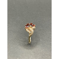 Ladies 9ct Yellow Gold Red Gemstones and Diamonds Ring