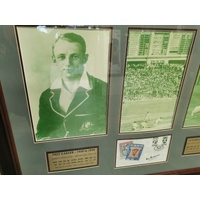 Sir Donald Bradman Signed Framed Tribute 3 Photos 2 Stamps and Career Highlights