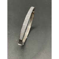 Ladies 925 Sterling Silver Oval Hinged Cubic Zirconia Bangle