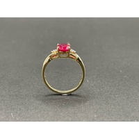 Ladies 9ct Yellow Gold Red Gemstone and Diamonds Ring