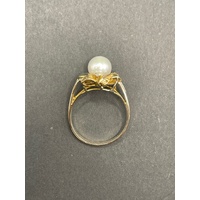 Ladies 18ct Yellow Gold White Pearl Diamond Ring