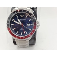 Emporio Armani Mens GMT Watch Blue Dial Red Pepsi Bezel Steel 100M