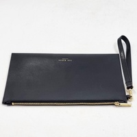 Ted Baker London Black Leather Envelope Wristlet Clutch Zip Pouch Gold Tones