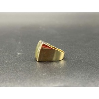 Mens 14ct Yellow Gold Green Gemstone and Diamonds Ring
