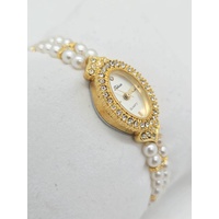 Felicia Ladies Quartz Watch Gold Tone Crystal Bezel Faux Pearl Band