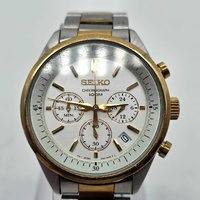 Seiko Chronograph 100M Mens Two Tone Watch White Dial Quartz 6T63-00F0