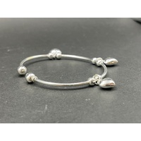 Ladies 925 Sterling Silver Cuff Bangle with Heart Charms (NEW)