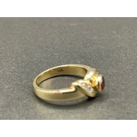 Ladies 9ct Yellow Gold Red Gemstone and Diamonds Ring