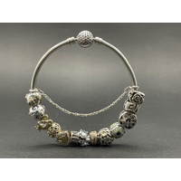 Ladies Mixed 925 Sterling Silver and 9 Carat Gold Round Bangle And Charms