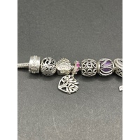 Ladies 925 Sterling Silver Snake Link Bracelet and Charms