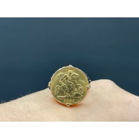 Mens 14ct Yellow Gold Round Sovereign Coin Ring
