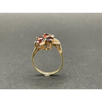 Ladies 9ct Yellow Gold Red Gemstones and Diamonds Ring