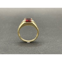 Mens 10ct Yellow Gold Red Gemstone and Diamonds Ring