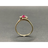 Ladies 9ct Yellow Gold Red Gemstone and Diamond Ring