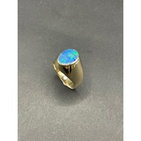 Mens 9ct Yellow Gold Blue Opal Ring