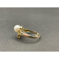 Ladies 18ct Yellow Gold White Pearl Diamond Ring