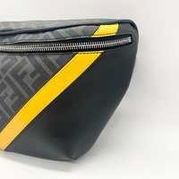 Fendi Diagonal Belt Bag Grey FF Textured Fabric Black Leather Italy