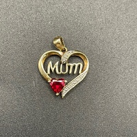 Ladies 9ct Yellow Gold Red Gemstone MUM Heart Pendant