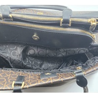 Calvin Klein Becky Triple Compartment Turnlock Tote Brown Khaki Black