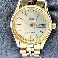 Citizen Quartz Gold Tone Day Date Watch Champagne Dial