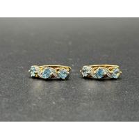 Ladies 9ct Yellow Gold Blue Gemstone & Diamond Huggie Hoop Earrings