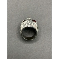 Mens 925 Sterling Silver Red Stone Skull Ring