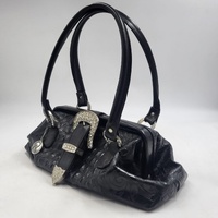 Ralph Raviani Black Leather Satchel Handbag Croc Embossed Rhinestone Buckle