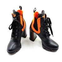 PRADA Runway Leather Neoprene Ankle Boots Black Orange Lace Up EU 37.5 Block Heel