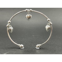 Ladies 925 Sterling Silver Cuff Bangle with Heart Charms (NEW)