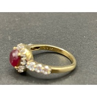 Ladies 9ct Yellow Gold Red Gemstone and CZ Ring