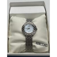 Seiko Tressia Solar Stainless Steel Bracelet Dress Watch Mother of Pearl Dial