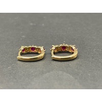 Ladies 9ct Yellow Gold Red Gemstone Huggie Hoop Earrings