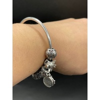 Ladies 925 Sterling Silver Round Bangle And Charms