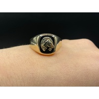 Men's 9ct Yellow Gold Horse Head and Shoe Black Gemstone Ring