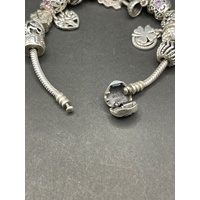 Ladies 925 Sterling Silver Snake Link Bracelet and Charms