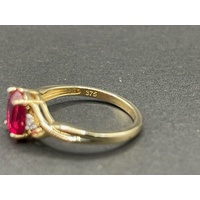 Ladies 9ct Yellow Gold Red Gemstone and Diamonds Ring