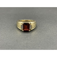 Mens 10ct Yellow Gold Red Gemstone and Diamonds Ring
